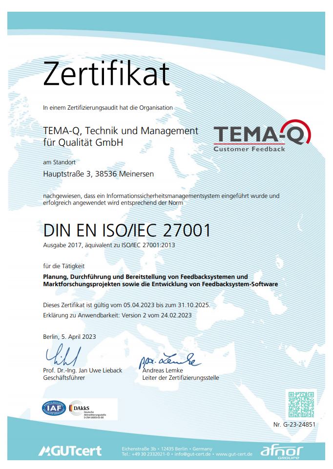 TEMA-Q GmbH_Unternehmen_Zertifiziert nach DIN EN ISO/IEC 27001_Foto Zerifikat